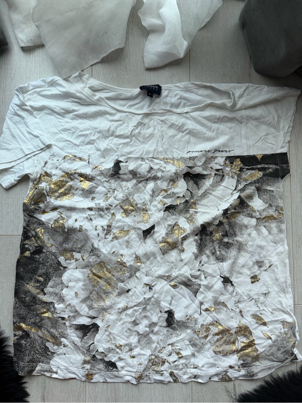 Armani Jeans White T-Shirt with Gold & Black Floral Print